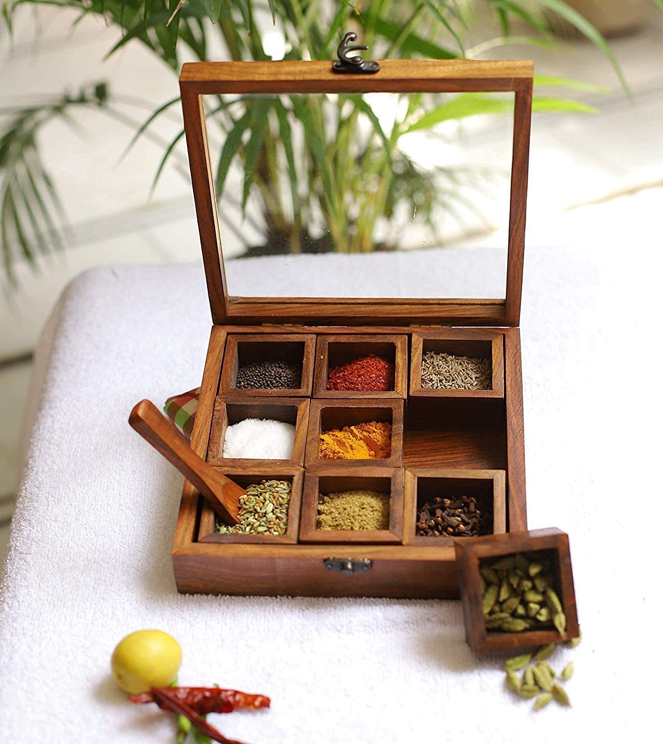 Hand-Carved Neem Wood Spice Box (Masala Daan)